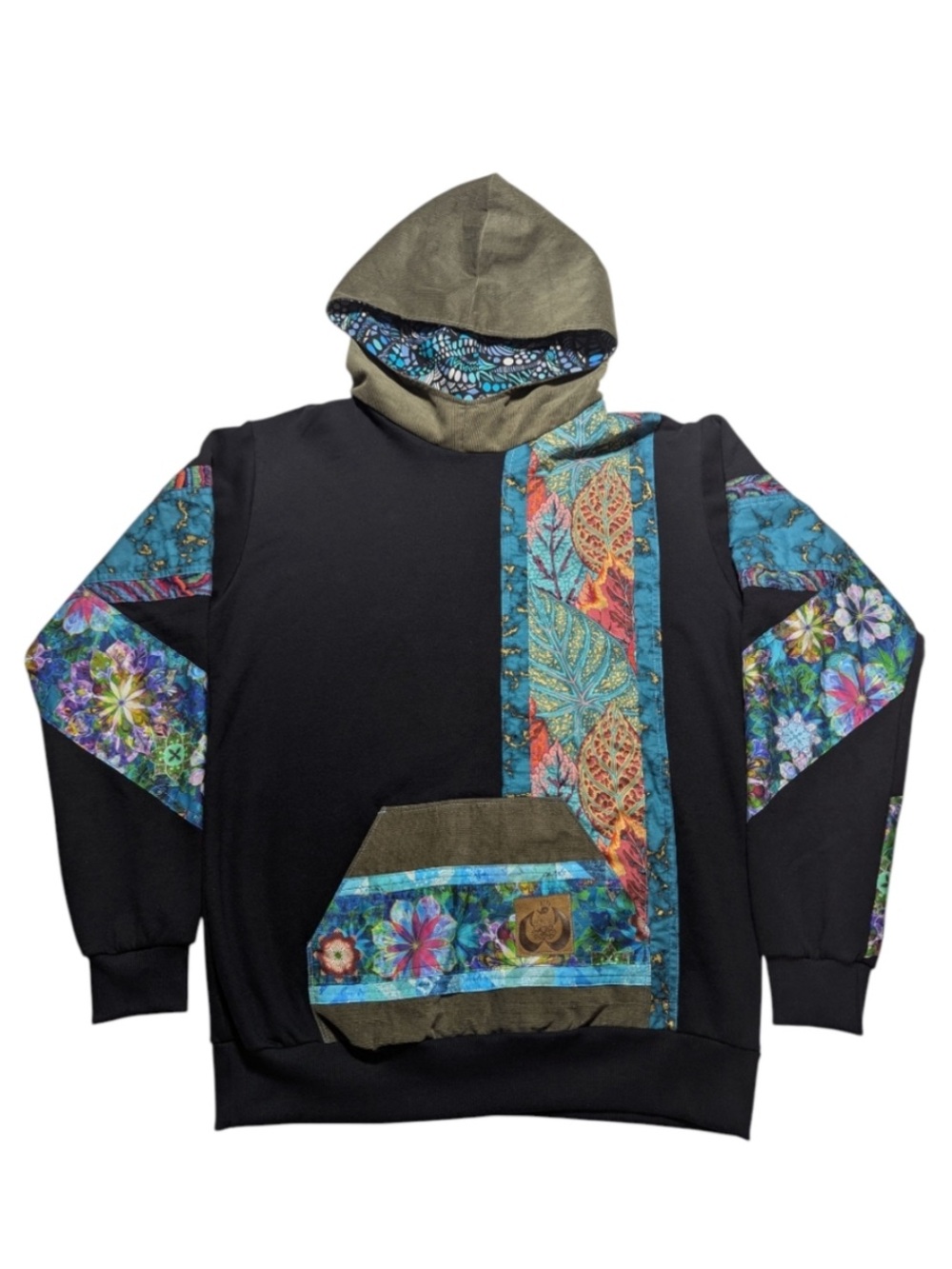 LOBO CREATIONS black, green, & blue patchwork festival hoodie / sweatshirt sz M